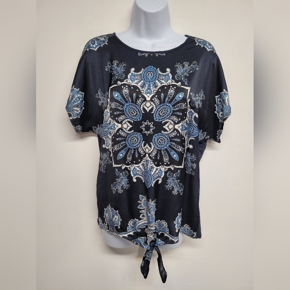 Dana Buchman S Paisley Top Flowy Navy Blue Short Sleeve Bottom Tie Like New